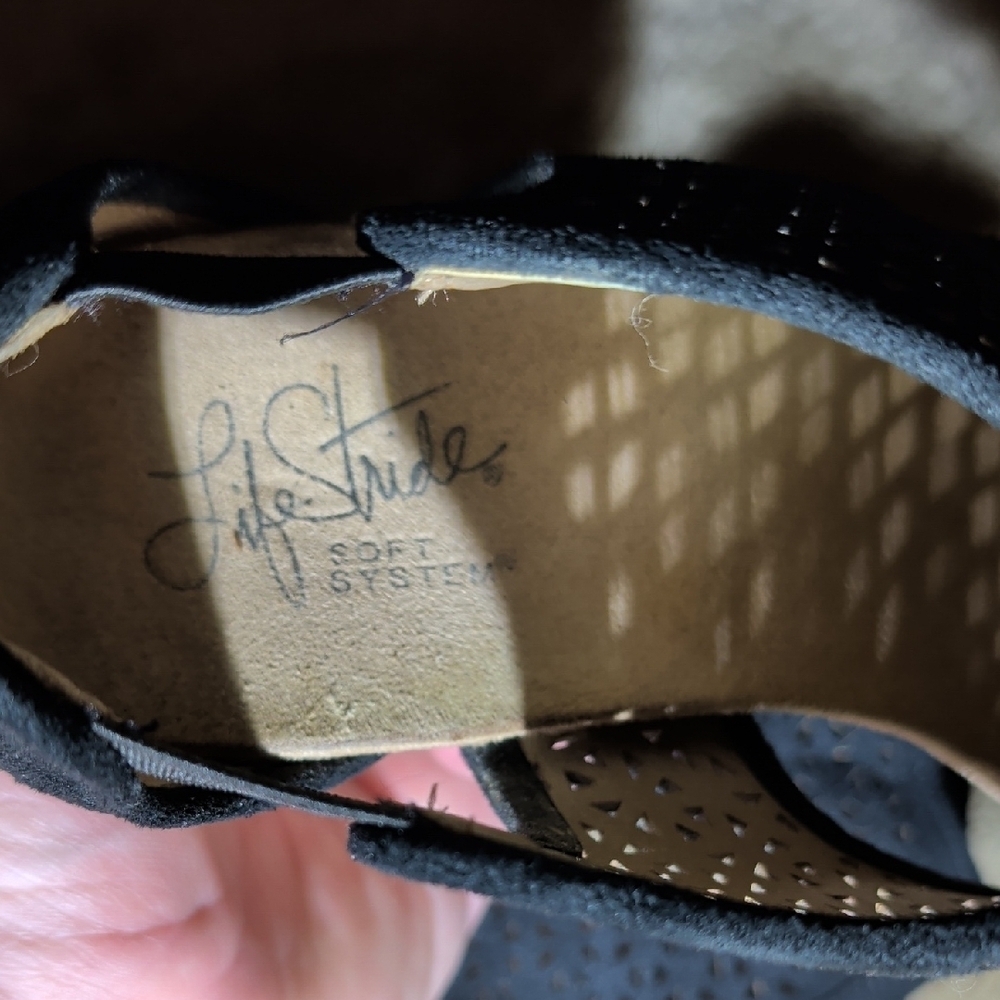 Life Stride Black Laser-Cut Cork Wedge Sandals - Picture 3 of 8